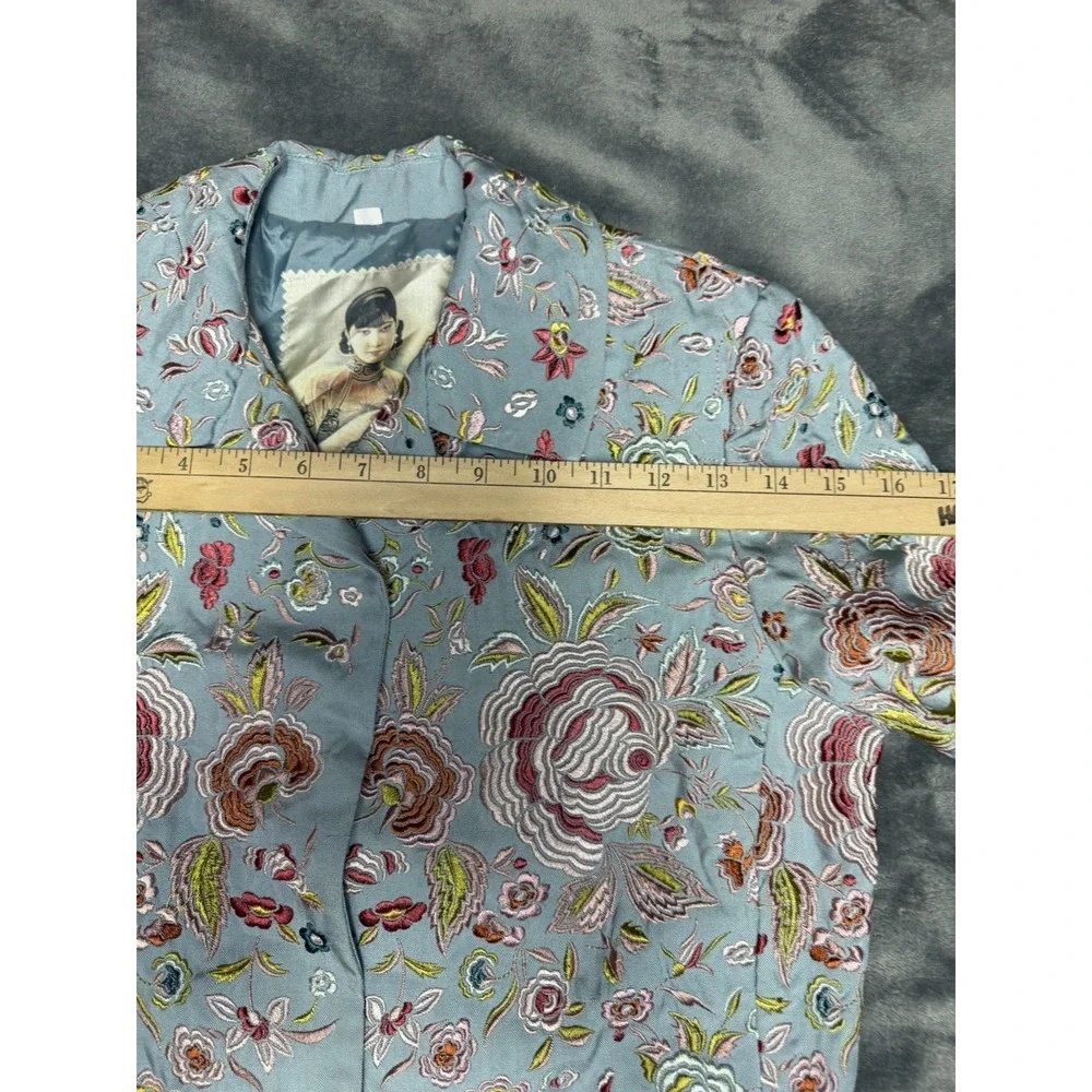 Johnny Was Biya 100% Silk Longline Floral Embroidered Coat Blue Vintage Small